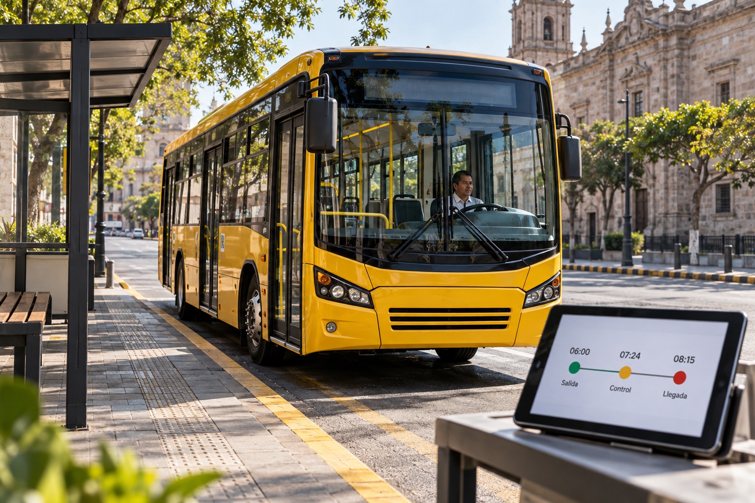 Imagen ilustrativa de un autobús en un punto de control de ruta y una pantalla con salida, control y llegada.