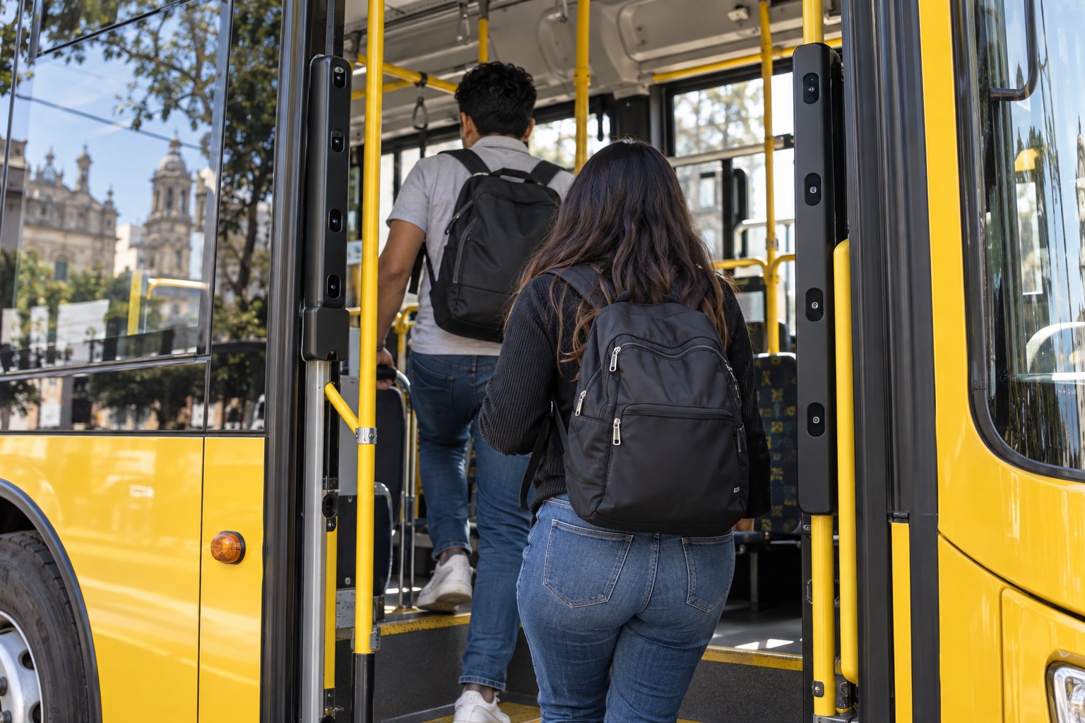 Imagen ilustrativa de pasajeros abordando un autobús con barras contadoras instaladas a los lados de la puerta.