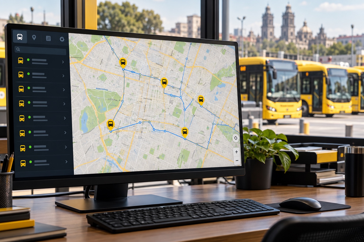 Imagen ilustrativa de monitoreo GPS de una flotilla de autobuses en una pantalla con mapa y rutas.
